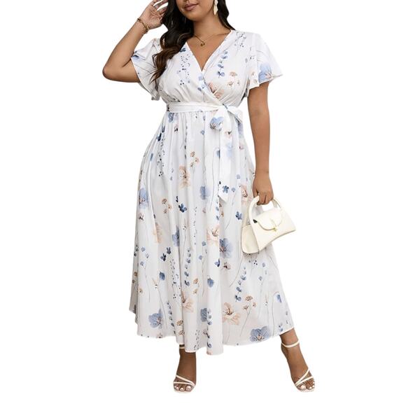 Floral Midi Plus-Size Dress V-Neck Belted Waist White Blue Spring Size 20 - Picture 6 of 7